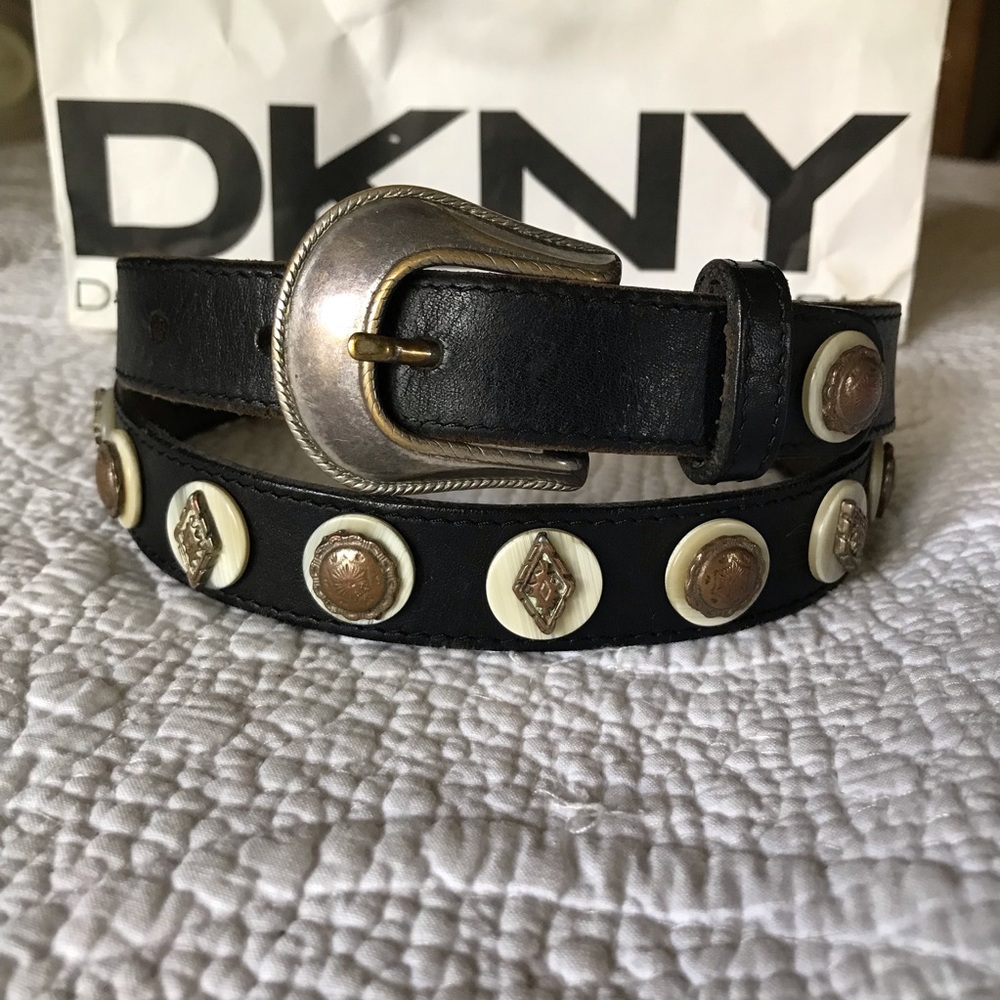 DKNY c 1980’s 1990’s Studded Black Leather Coin/Diamond Embellished Belt Size L